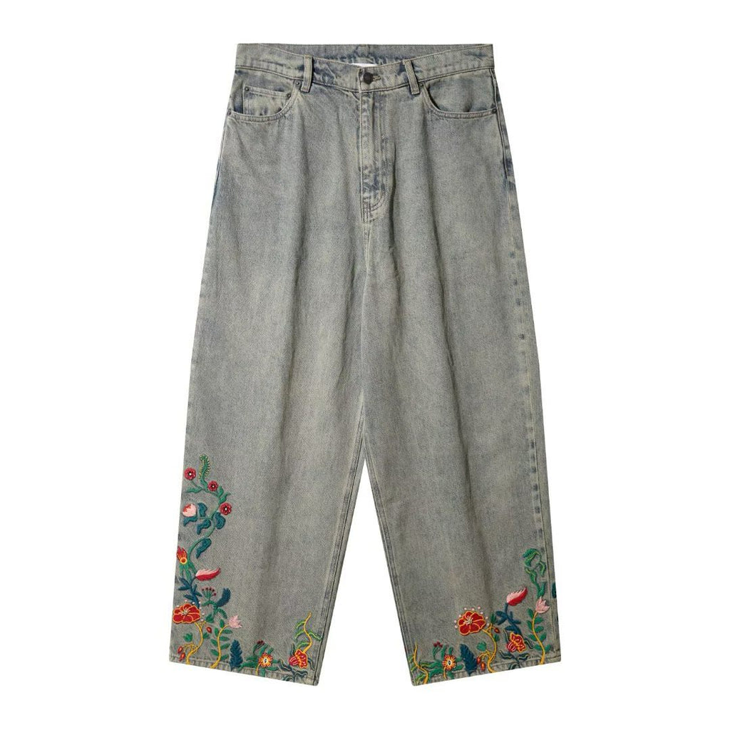 Wildflower Embroidered Wide-Leg Jeans
