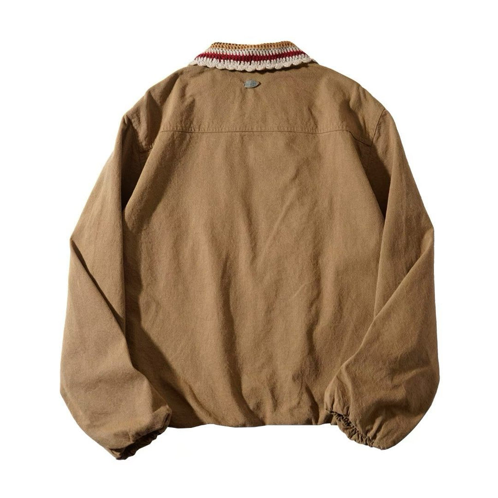Cotton Twill Jacket with Striped Crochet Collar – Vintage Zip-Up Workwear Coat
