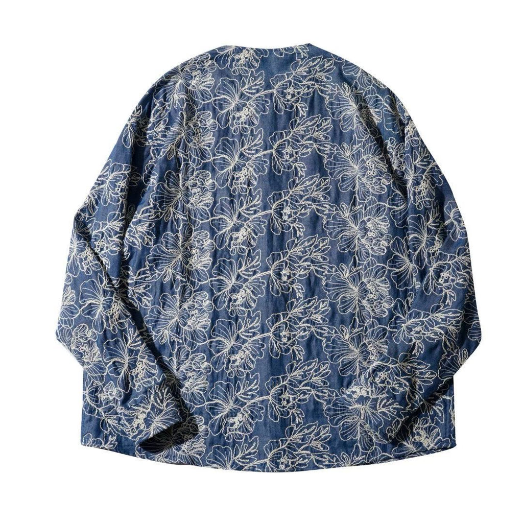 Collarless Denim Jacket with Floral Line Embroidery – Indigo Botanical Overshirt