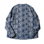 Collarless Denim Jacket with Floral Line Embroidery – Indigo Botanical Overshirt