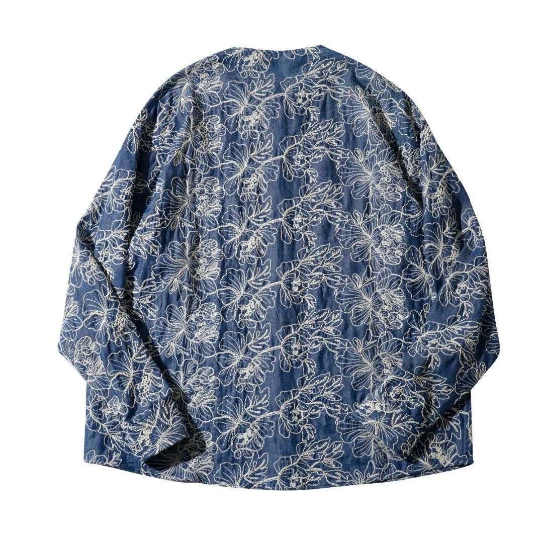 Collarless Denim Jacket with Floral Line Embroidery – Indigo Botanical Overshirt