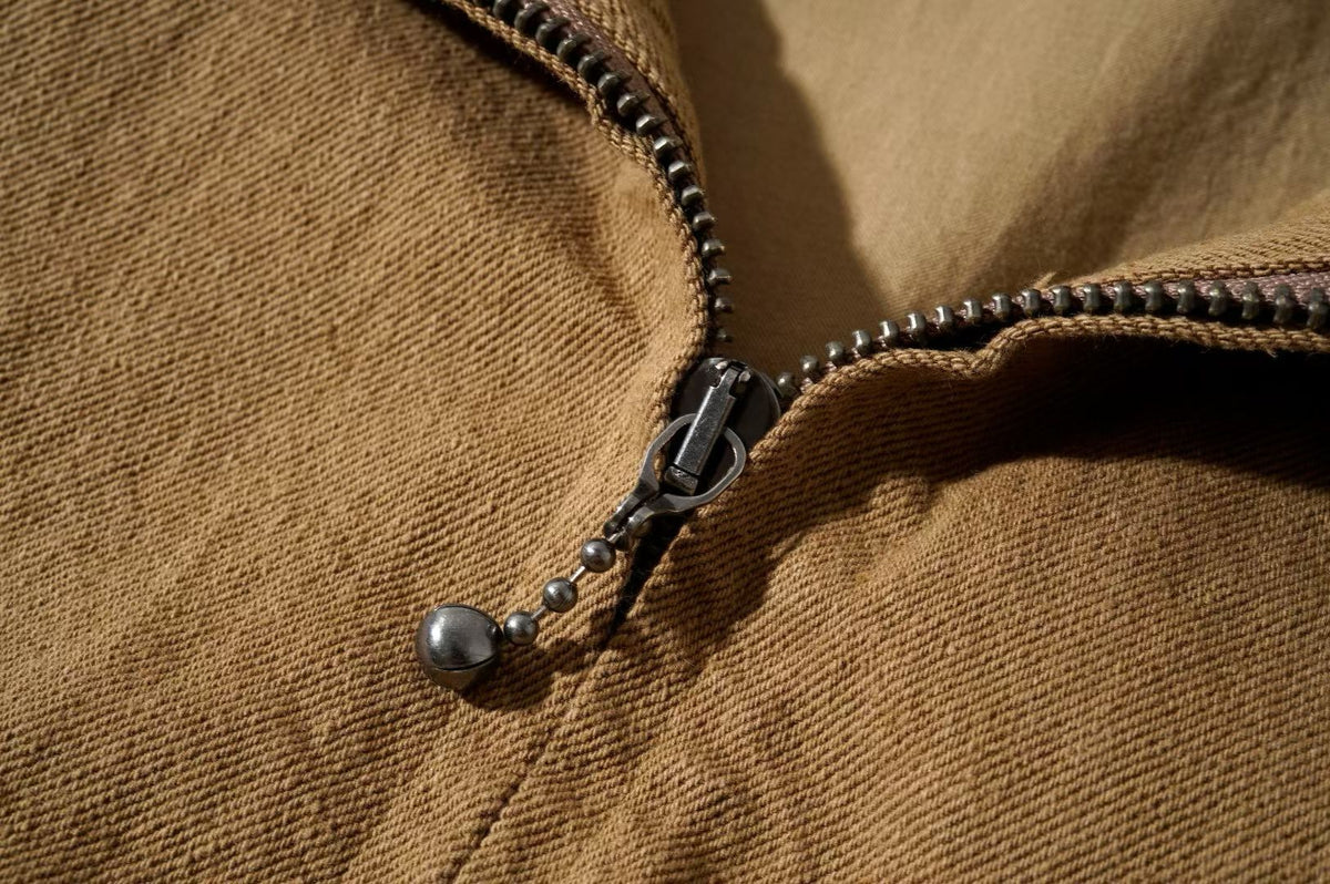 Cotton Twill Jacket with Striped Crochet Collar – Vintage Zip-Up Workwear Coat