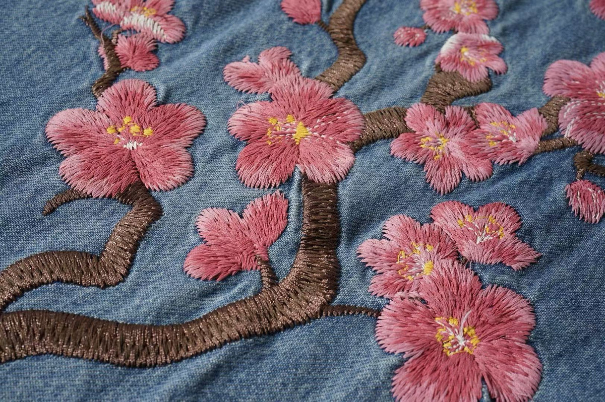 Cherry Blossom Embroidered Wide-Leg Jeans – Floral Branch Baggy Denim Pants