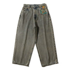 Wide-Leg Washed Denim Jeans with Hand-Embroidered Pocket