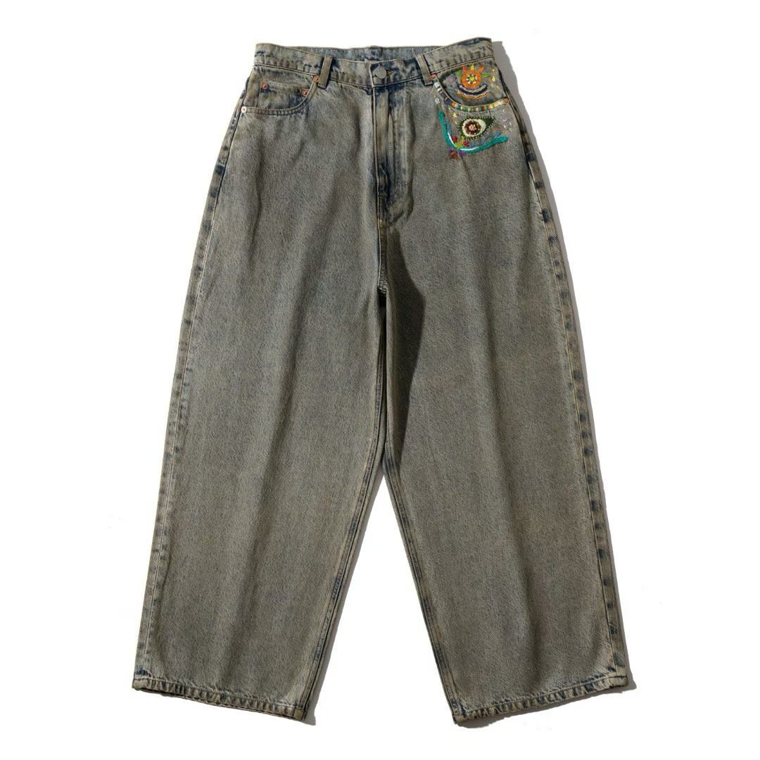 Wide-Leg Washed Denim Jeans with Hand-Embroidered Pocket
