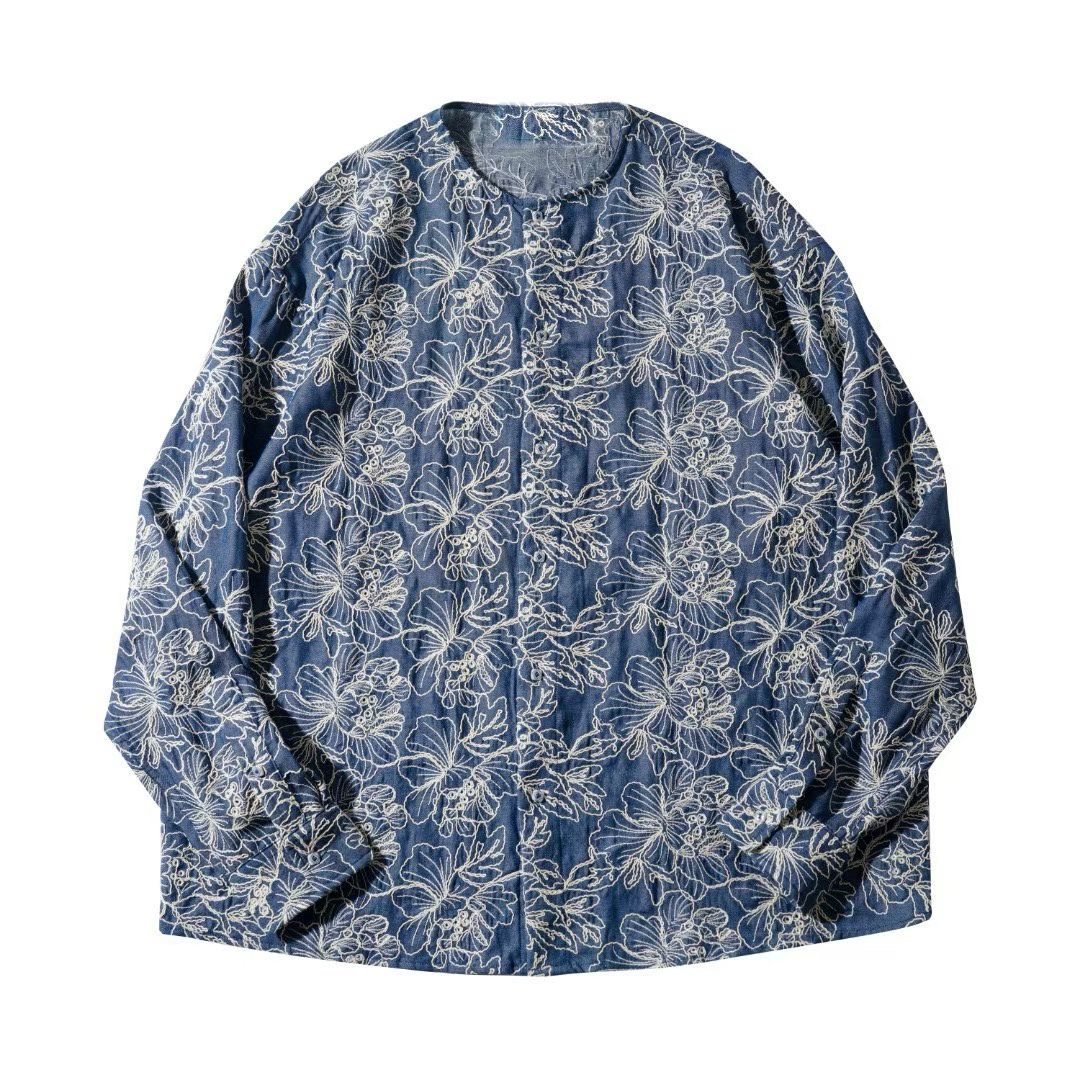 Collarless Denim Jacket with Floral Line Embroidery – Indigo Botanical Overshirt