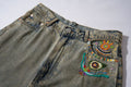 Wide-Leg Washed Denim Jeans with Hand-Embroidered Pocket
