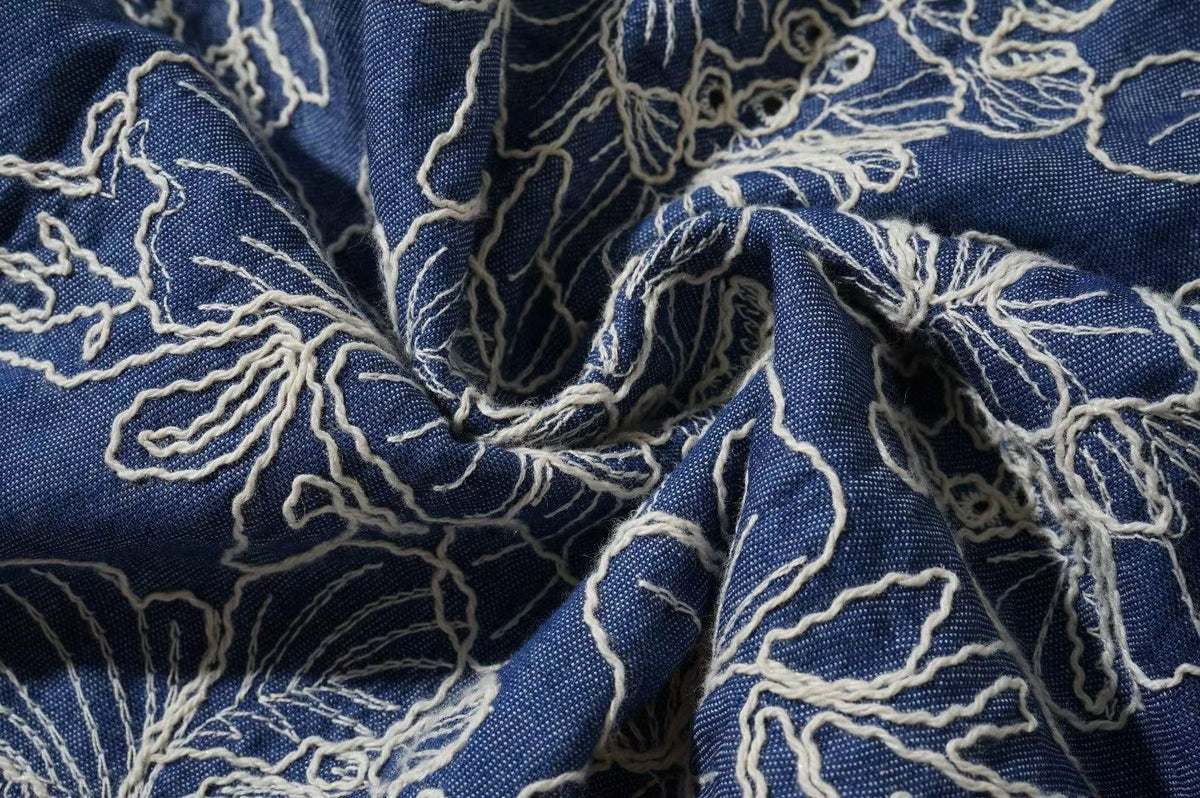 Collarless Denim Jacket with Floral Line Embroidery – Indigo Botanical Overshirt