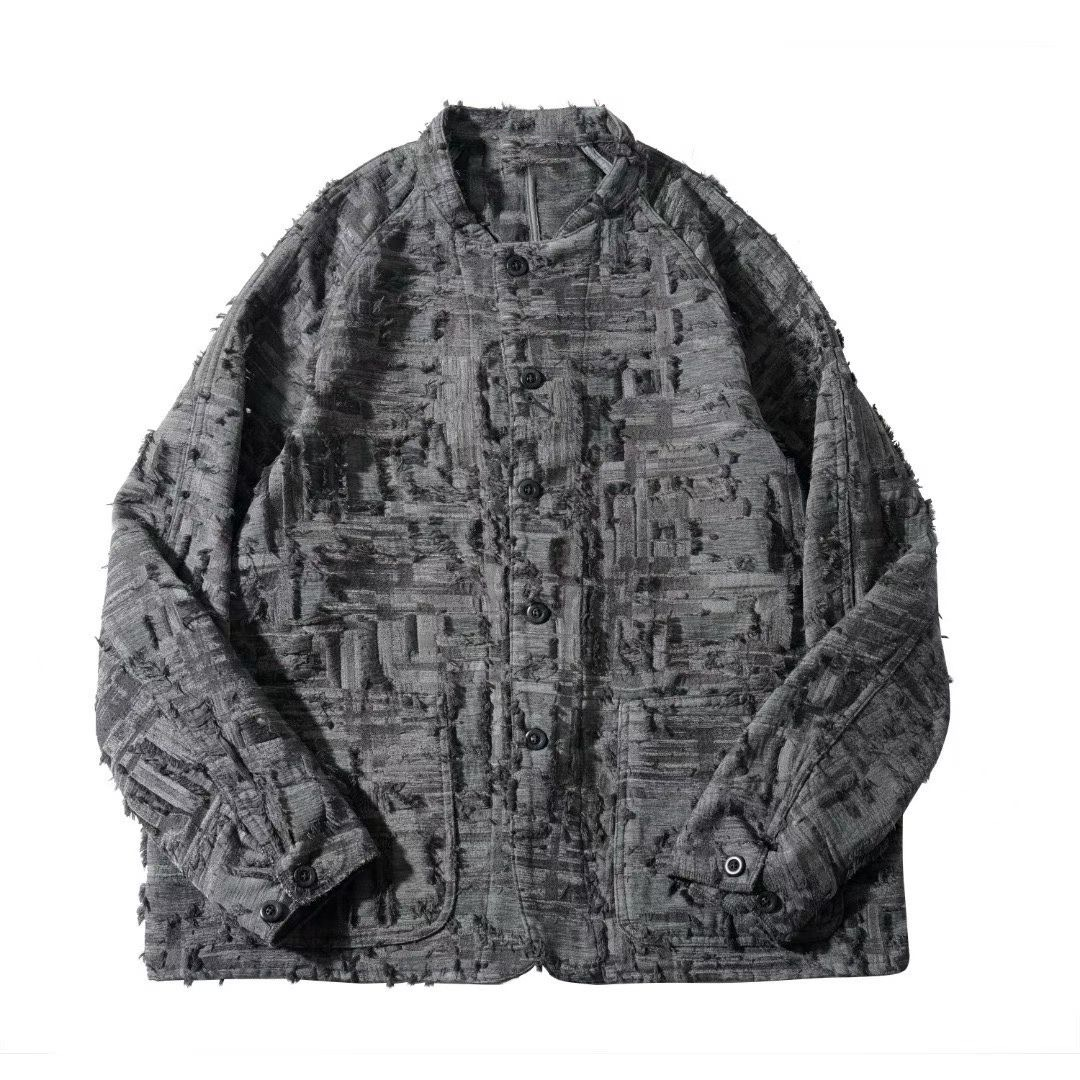 Textured Raw-Edge Jacquard Collarless Jacket – Distressed Fringe Detail Coat