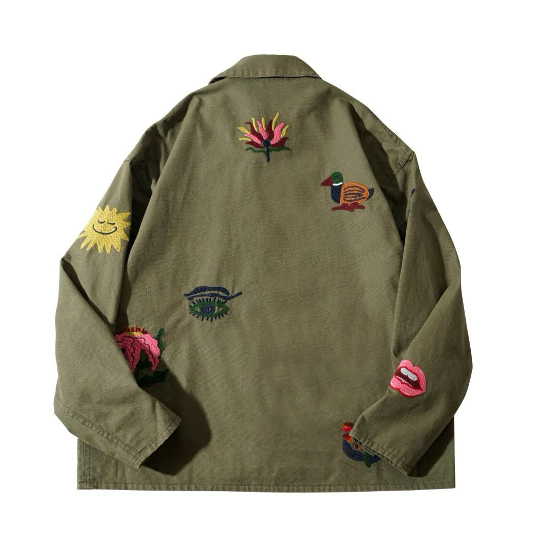 Multi-Patch Embroidered Chore Jacket – Playful Icon Workwear Coat
