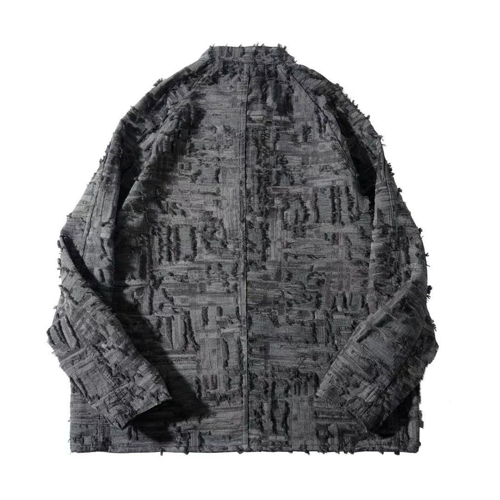 Textured Raw-Edge Jacquard Collarless Jacket – Distressed Fringe Detail Coat