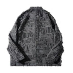Textured Raw-Edge Jacquard Collarless Jacket – Distressed Fringe Detail Coat