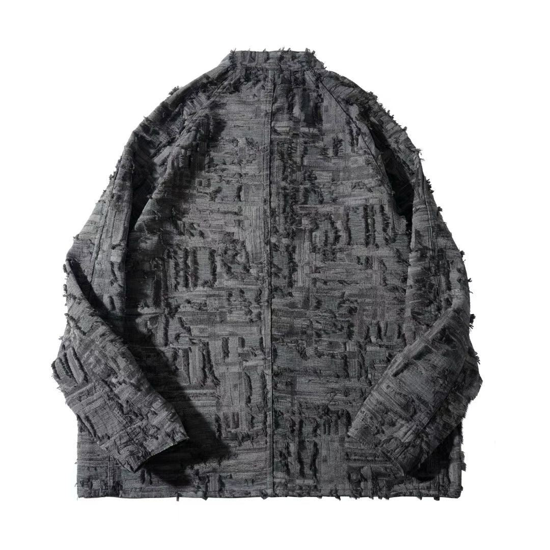 Textured Raw-Edge Jacquard Collarless Jacket – Distressed Fringe Detail Coat