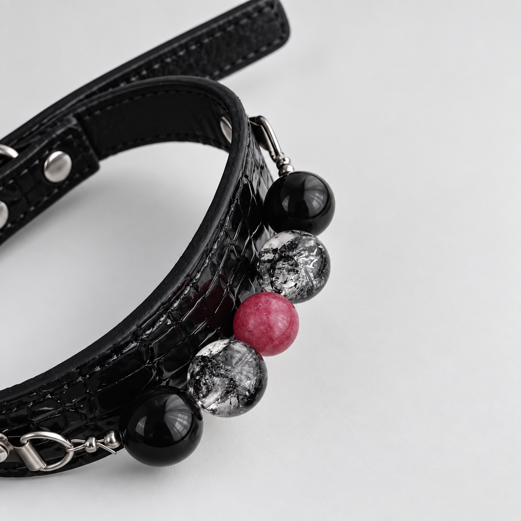 Noir Croc-Texture Crystal Dog Collar