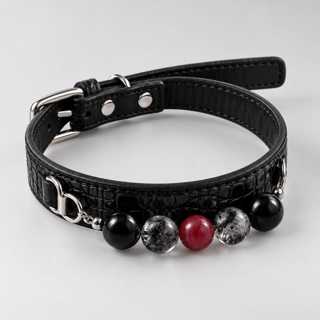 Noir Croc-Texture Crystal Dog Collar