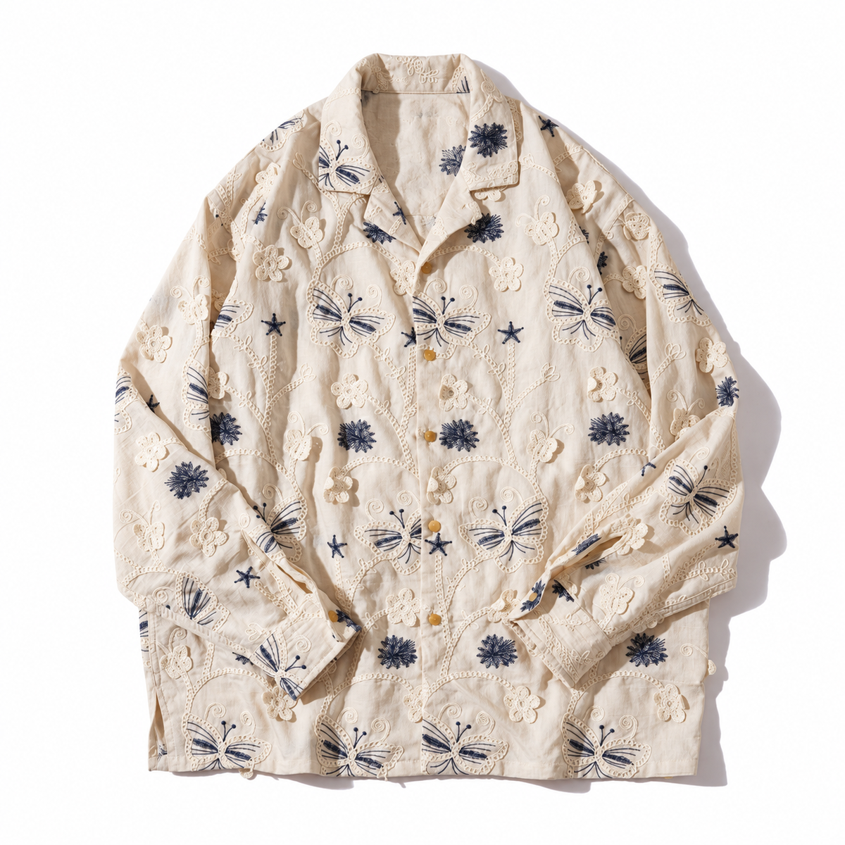 Ivory Embroidered Butterfly Floral Camp-Collar Shirt Jacket
