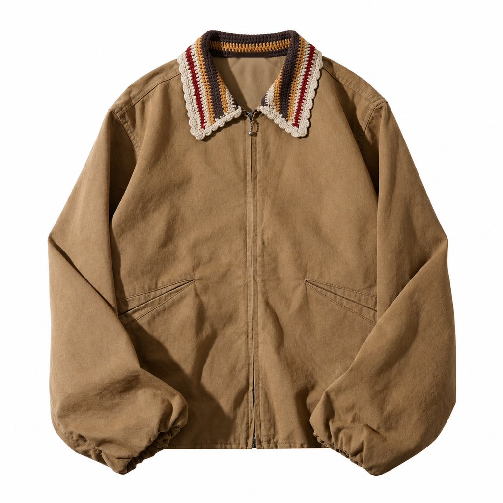 Cotton Twill Jacket with Striped Crochet Collar – Vintage Zip-Up Workwear Coat