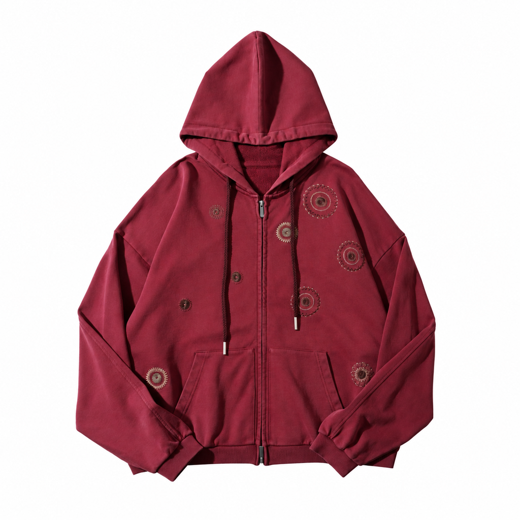 Cropped Zip-Up Hoodie with Scattered Mandala Embroidery