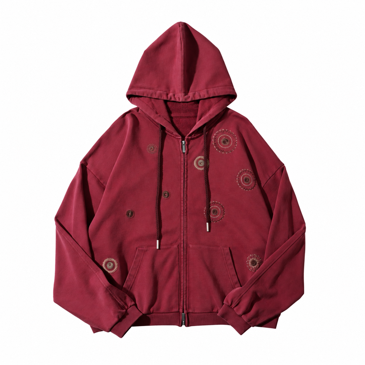 Cropped Zip-Up Hoodie with Scattered Mandala Embroidery