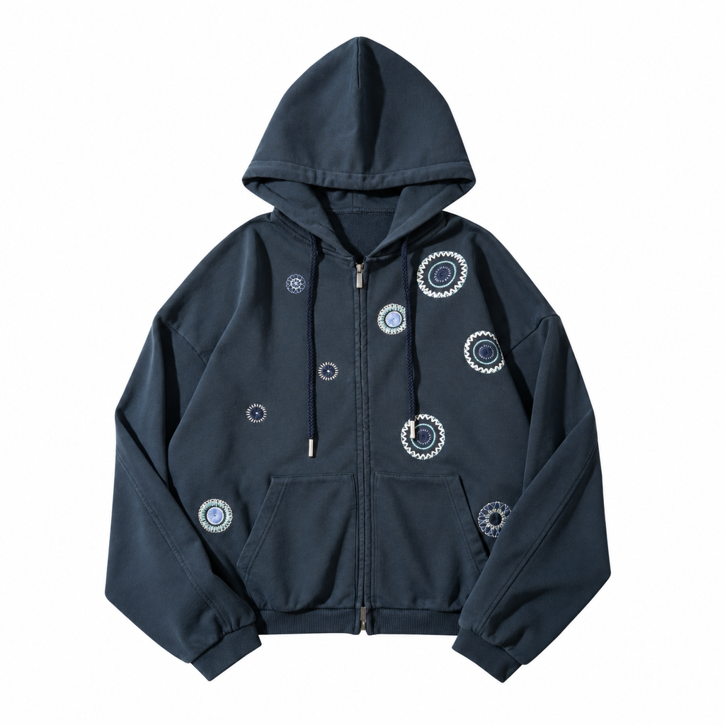Cropped Zip-Up Hoodie with Scattered Mandala Embroidery