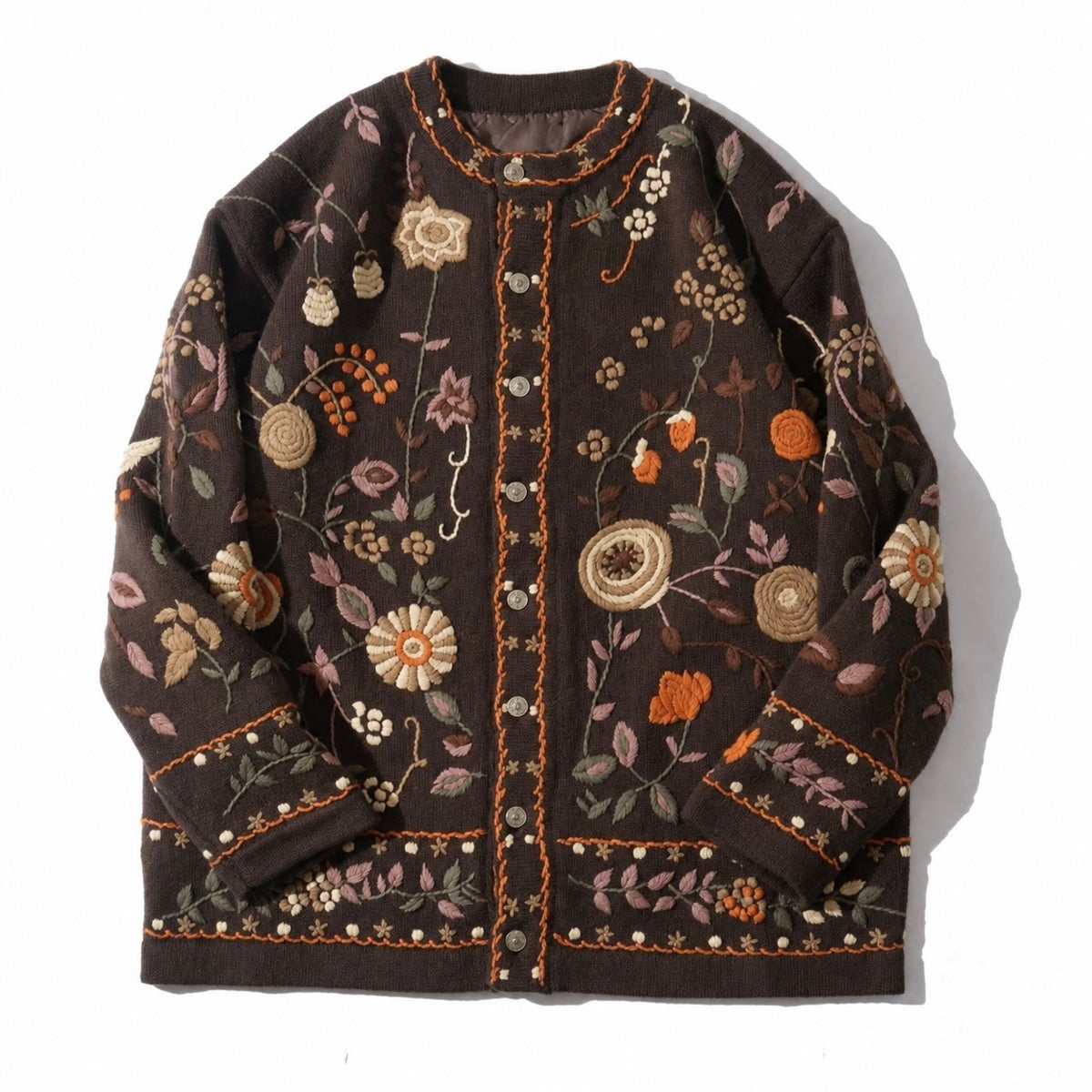 Wool Blend Knit Cardigan with Floral Embroidery