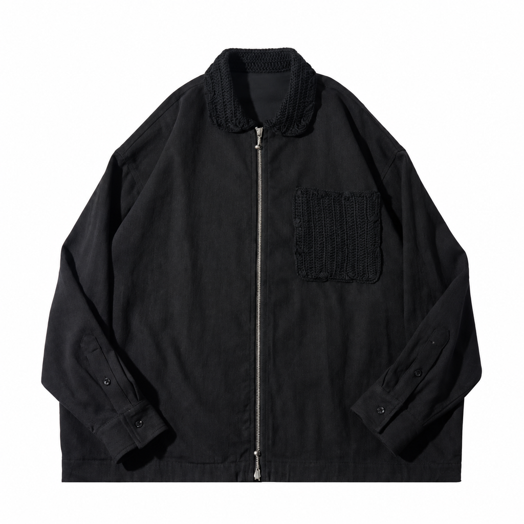 Zip-Up Jacket with Crochet Collar & Pocket