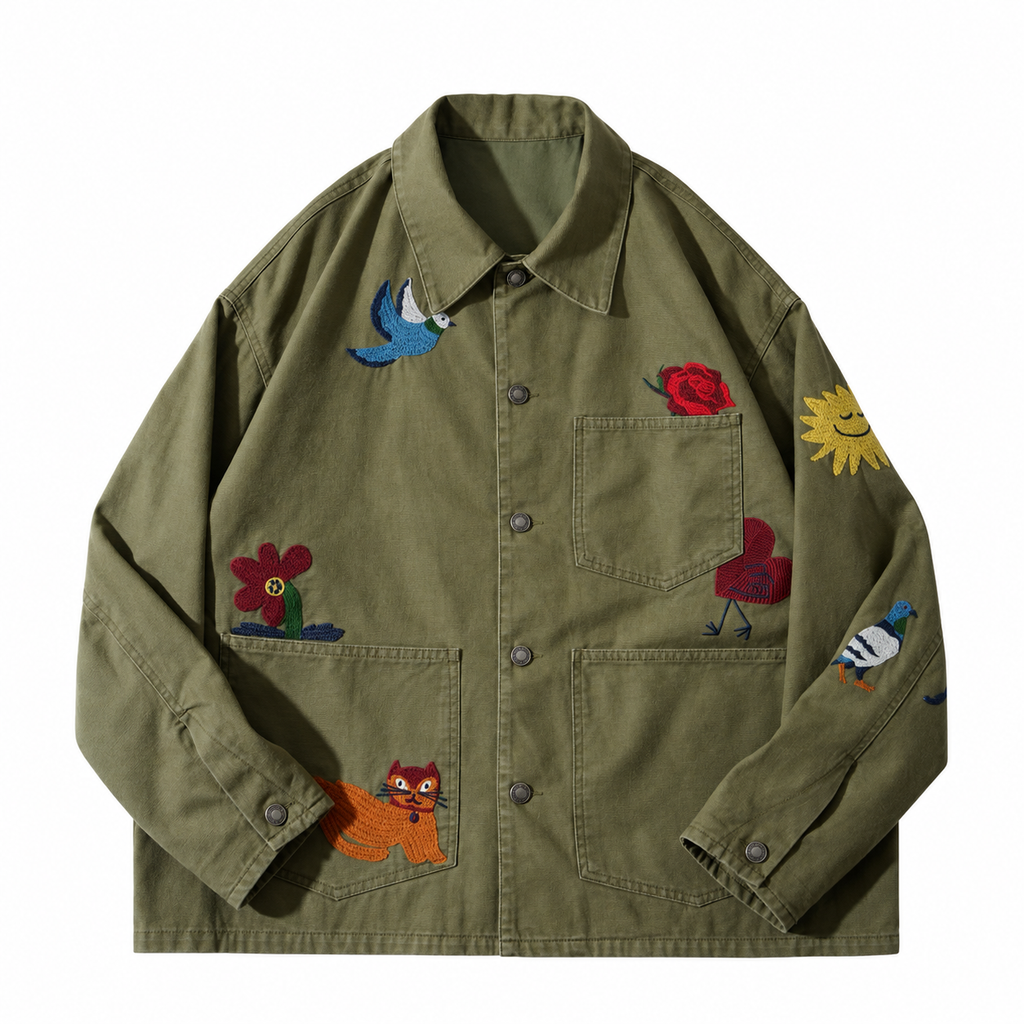 Multi-Patch Embroidered Chore Jacket – Playful Icon Workwear Coat