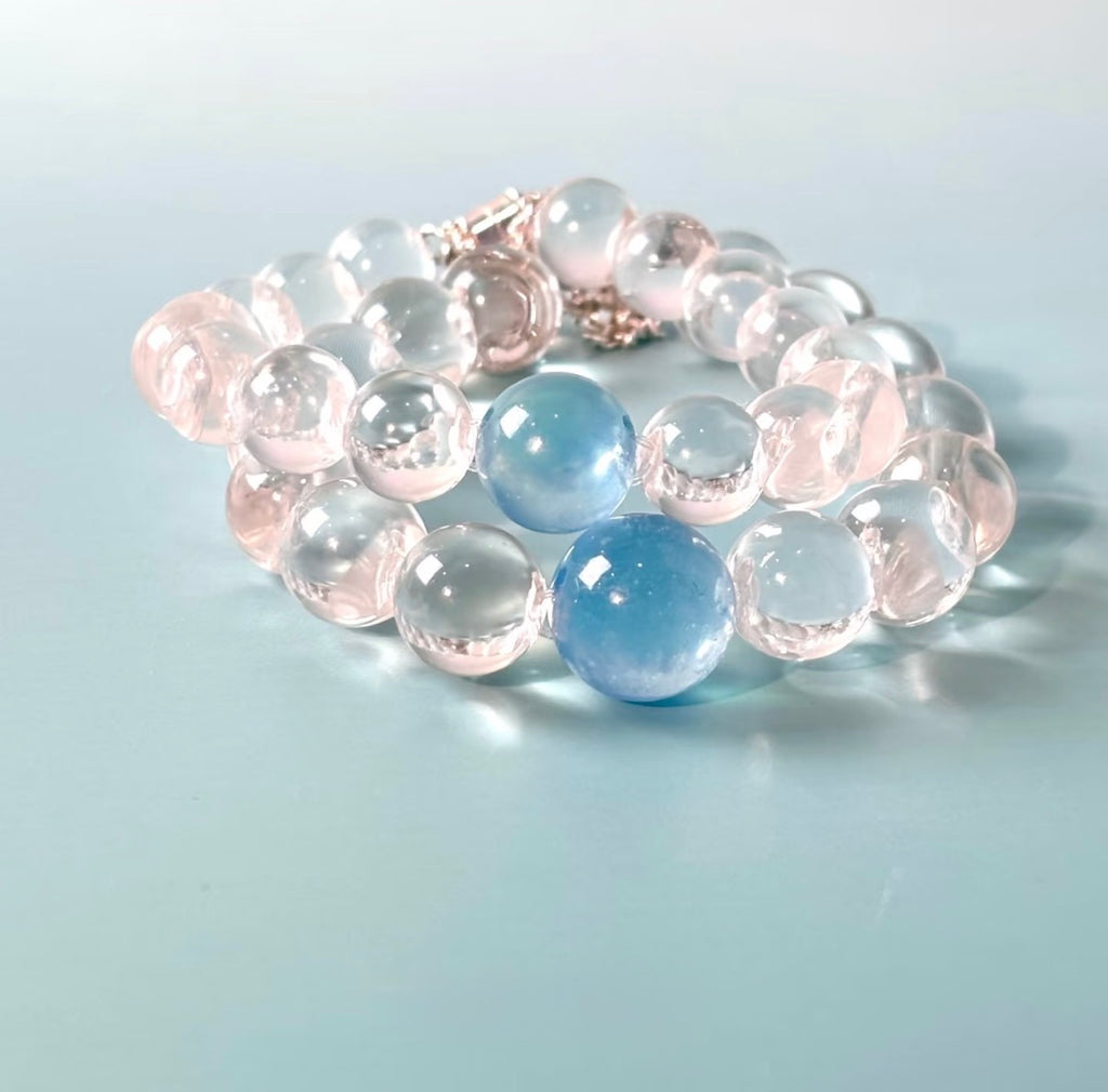 Clear Quartz &amp; Aquamarine Bubble Bead Bracelet