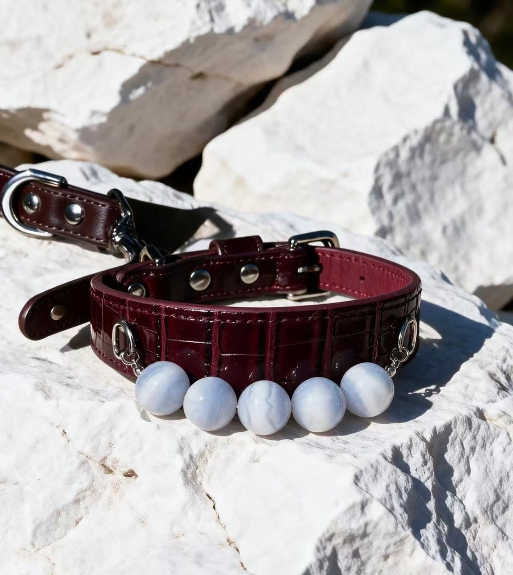 Burgundy Croc-Texture Crystal Dog Collar