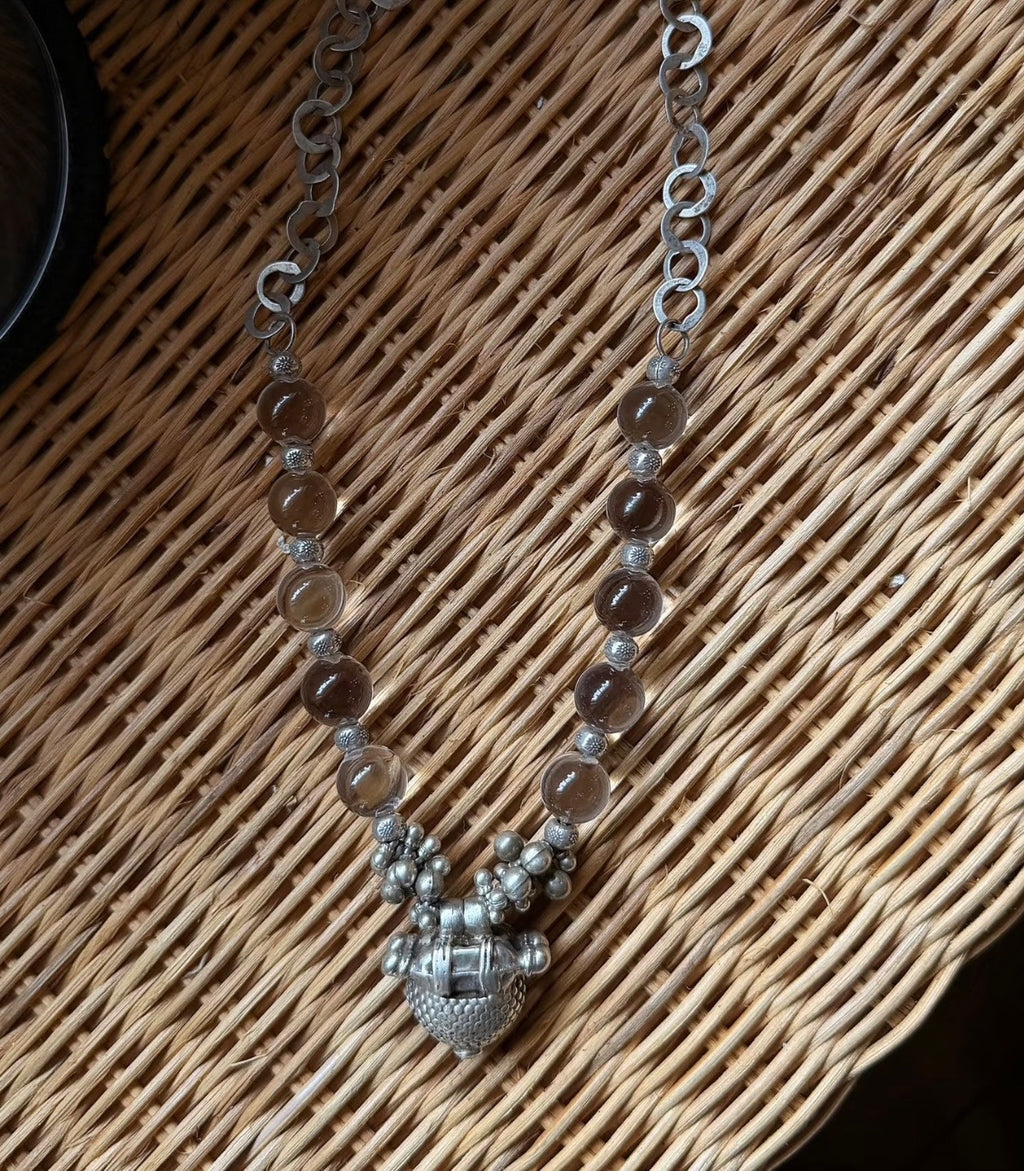 Clear Quartz Pumpkin Bead Bracelet with Tribal Silver Charm