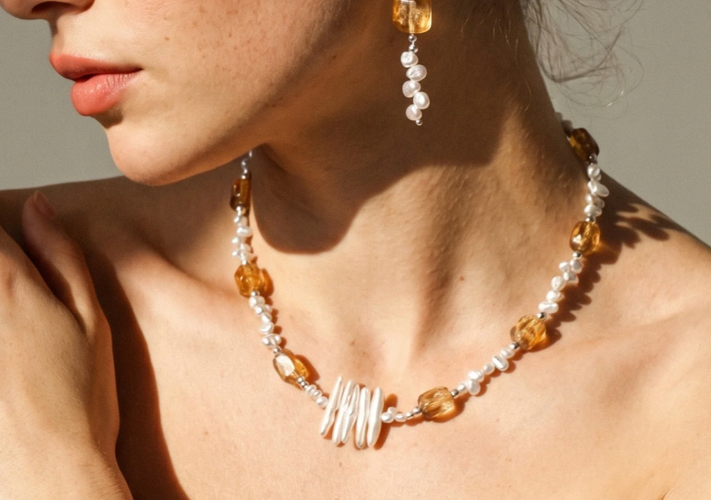 Solar Abundance Brazilian Citrine & Baroque Pearl Necklace