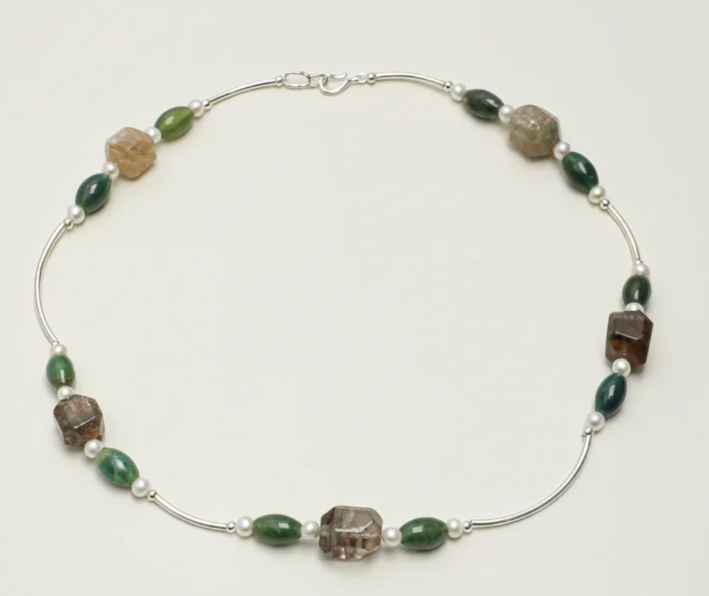 Verdant Ascent Moss Agate & Layered Phantom Quartz Necklace