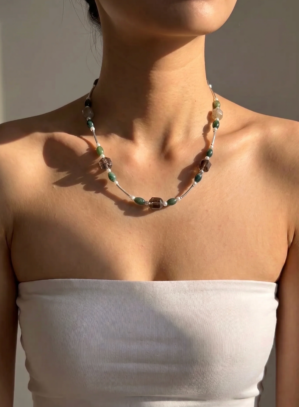 Verdant Ascent Moss Agate & Layered Phantom Quartz Necklace