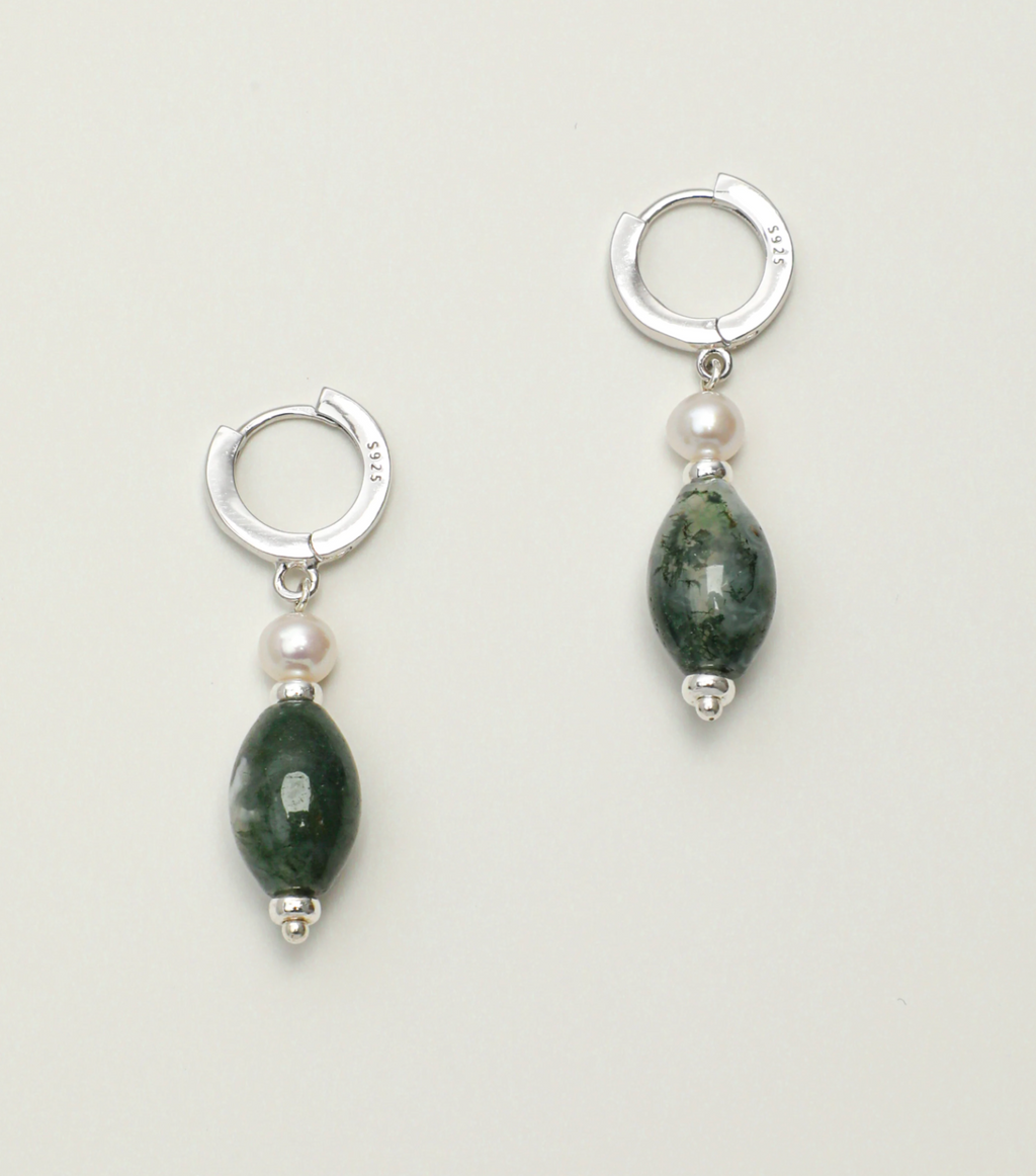 Verdant Echo Moss Agate & Seed Pearl Hoop Earrings