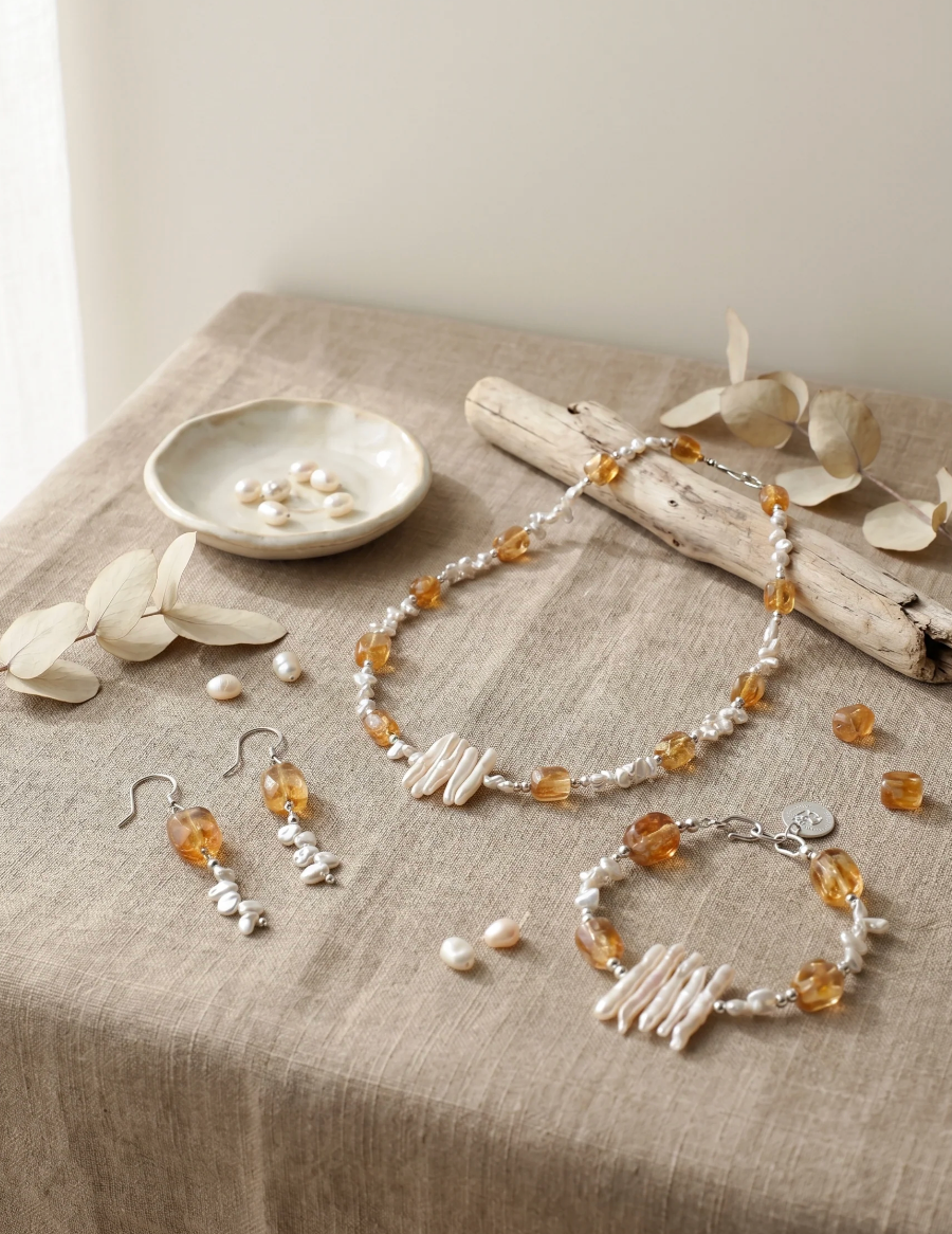 Citrine & Freshwater Pearl Jewelry Set