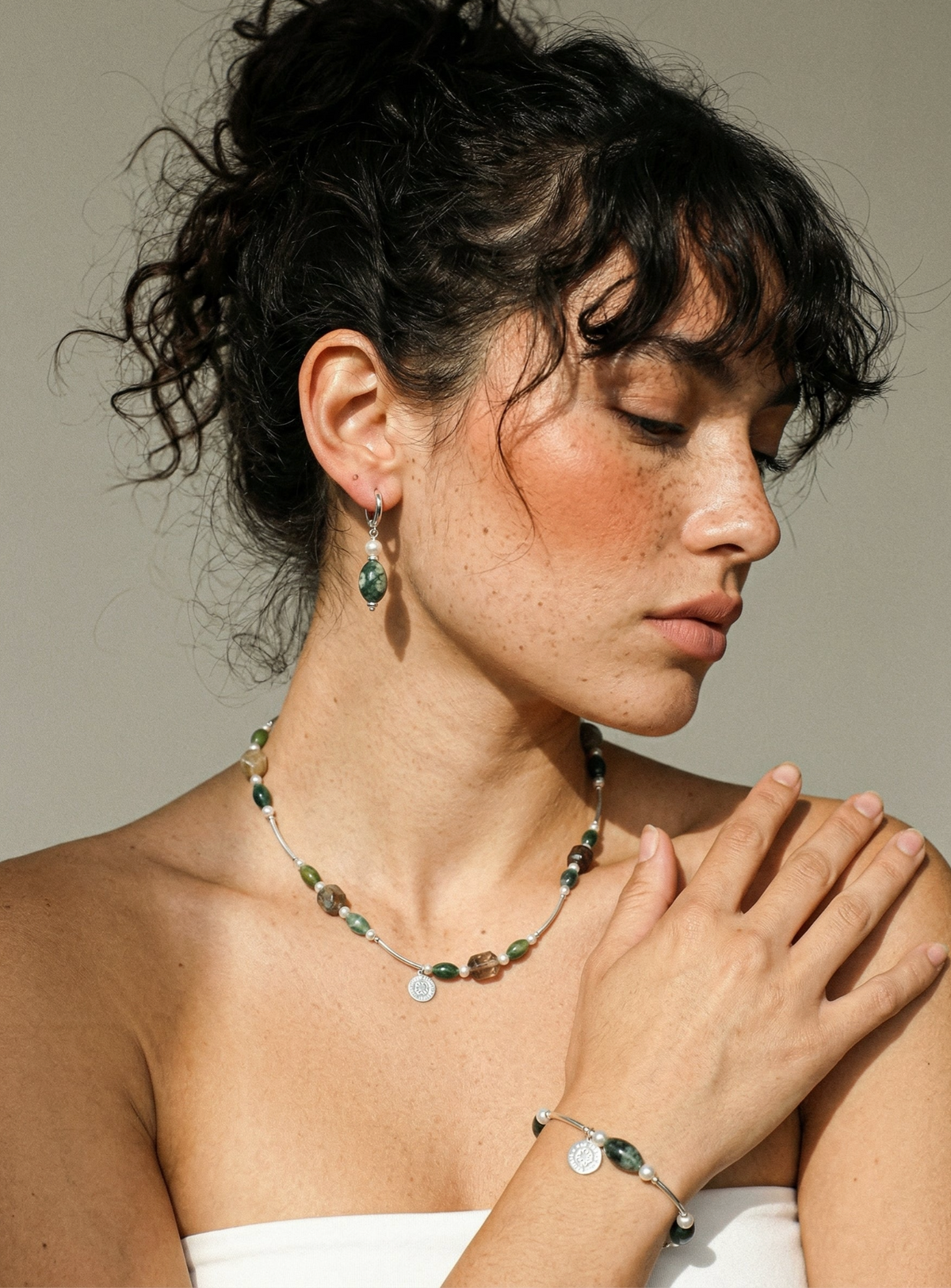 Verdant Ascent Moss Agate & Layered Phantom Quartz Necklace