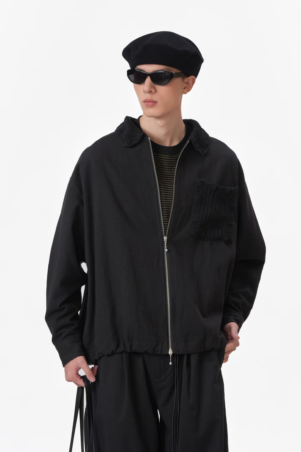 Zip-Up Jacket with Crochet Collar & Pocket