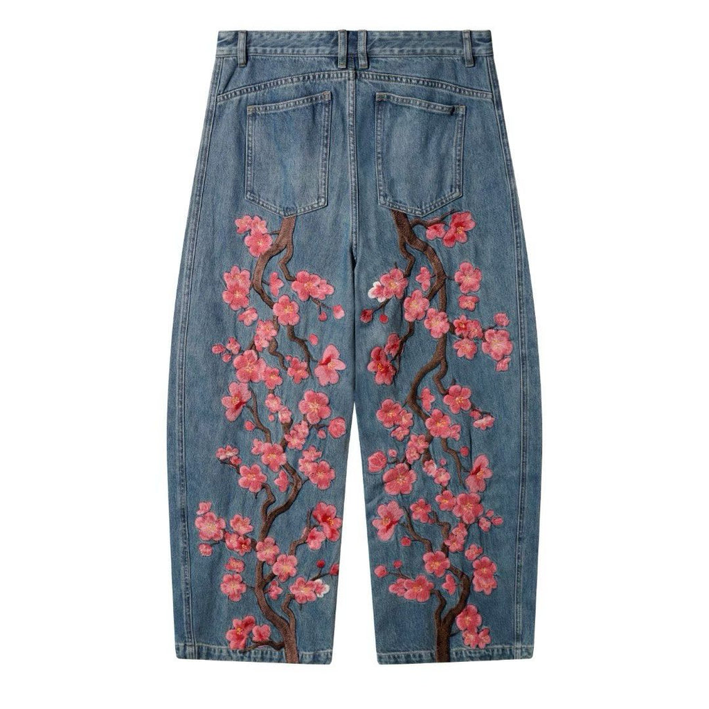 Cherry Blossom Embroidered Wide-Leg Jeans – Floral Branch Baggy Denim Pants