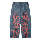 Cherry Blossom Embroidered Wide-Leg Jeans – Floral Branch Baggy Denim Pants