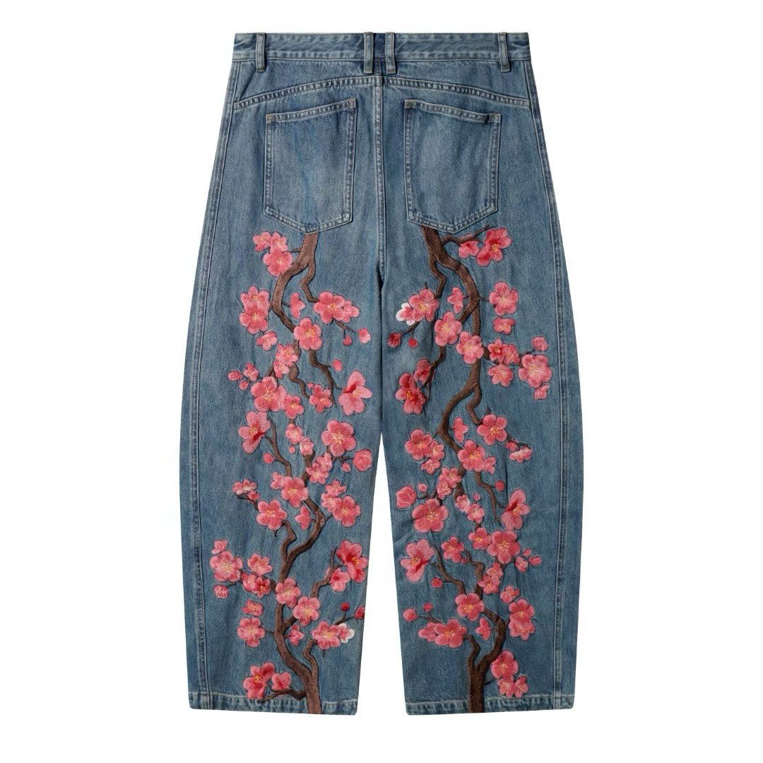 Cherry Blossom Embroidered Wide-Leg Jeans – Floral Branch Baggy Denim Pants