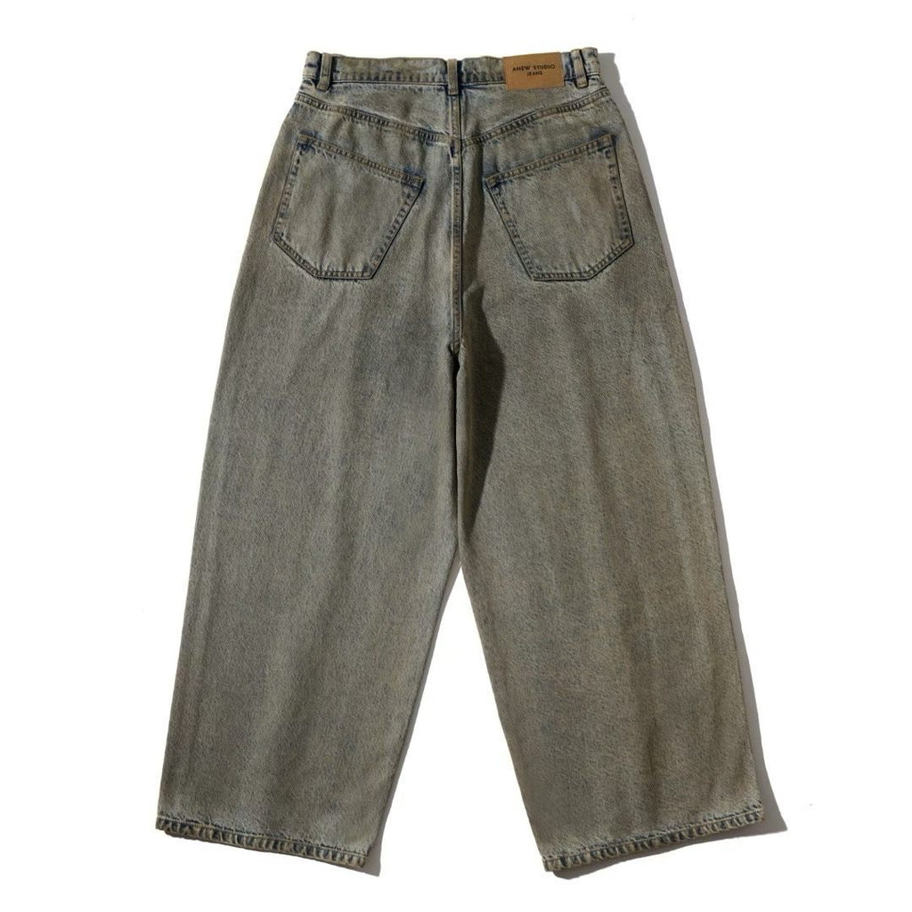 Wide-Leg Washed Denim Jeans with Hand-Embroidered Pocket