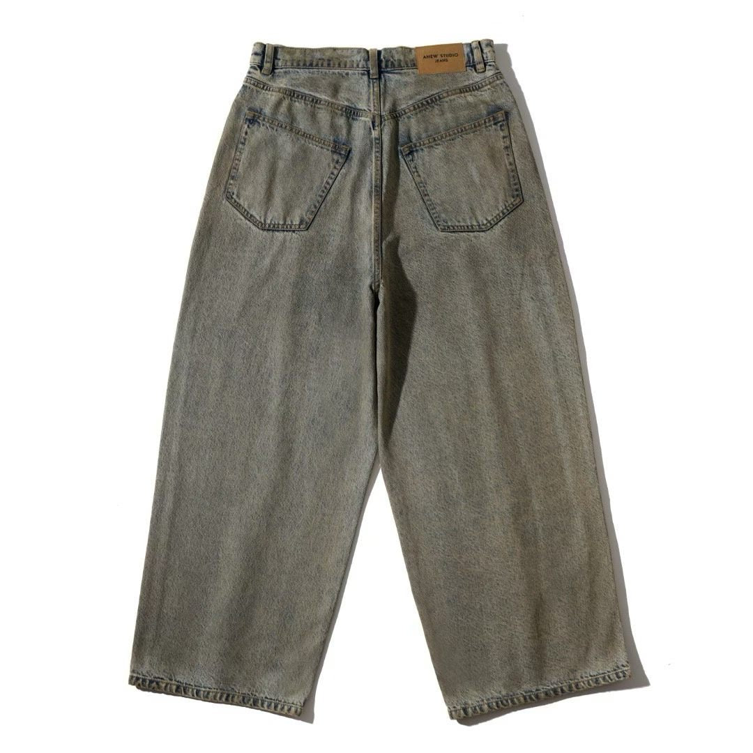 Wide-Leg Washed Denim Jeans with Hand-Embroidered Pocket