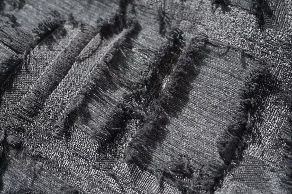 Textured Raw-Edge Jacquard Collarless Jacket – Distressed Fringe Detail Coat