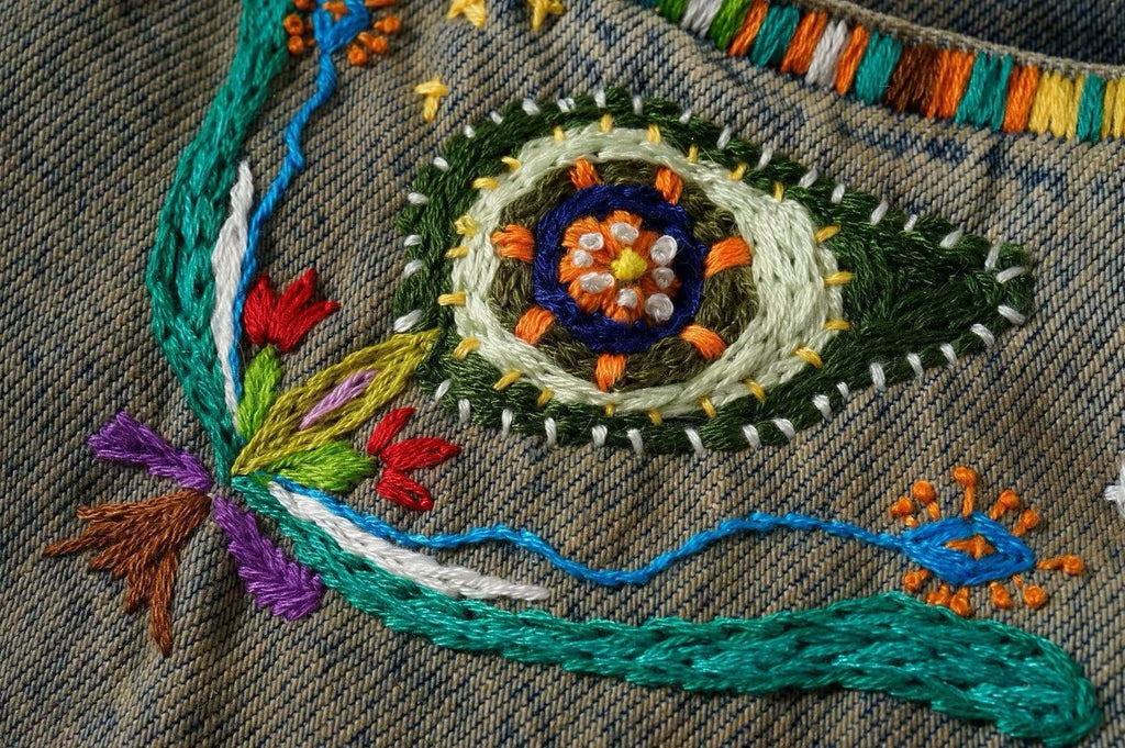 Wide-Leg Washed Denim Jeans with Hand-Embroidered Pocket
