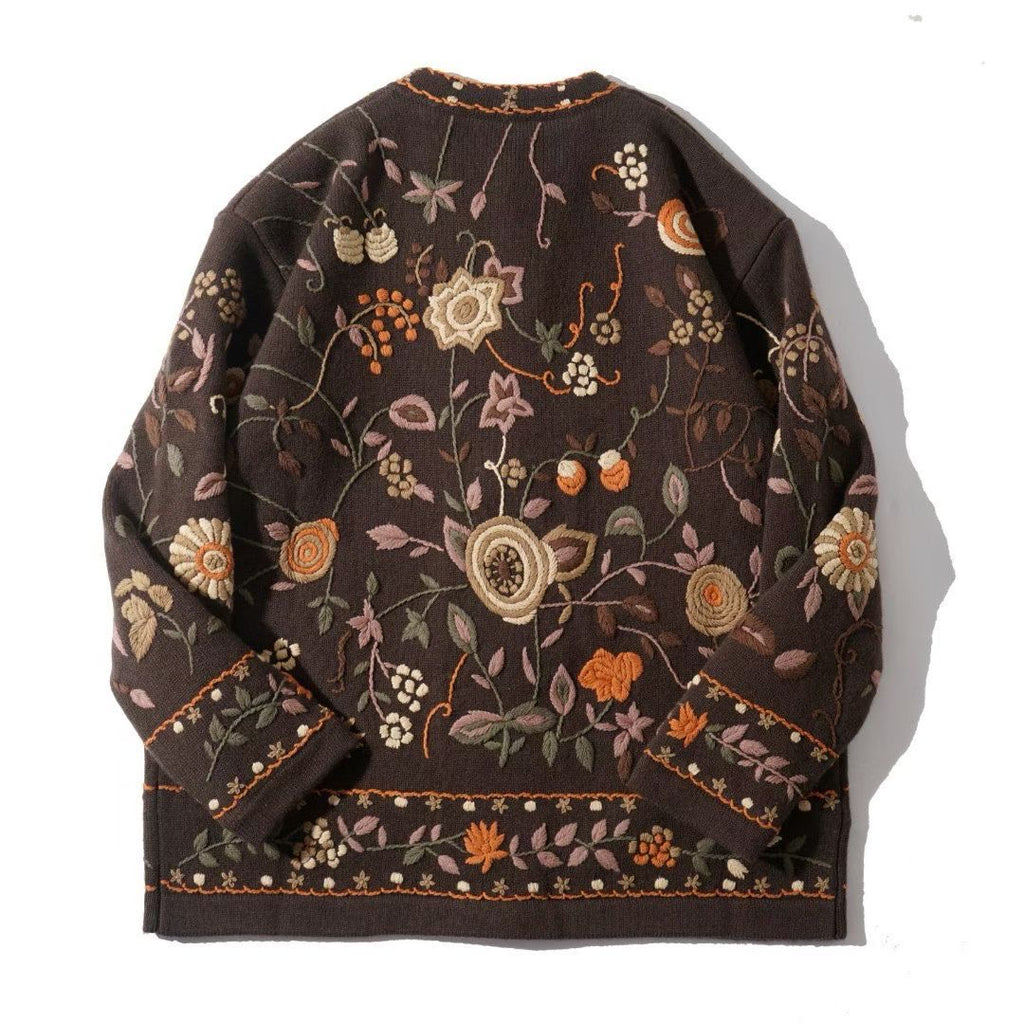 Wool Blend Knit Cardigan with Floral Embroidery